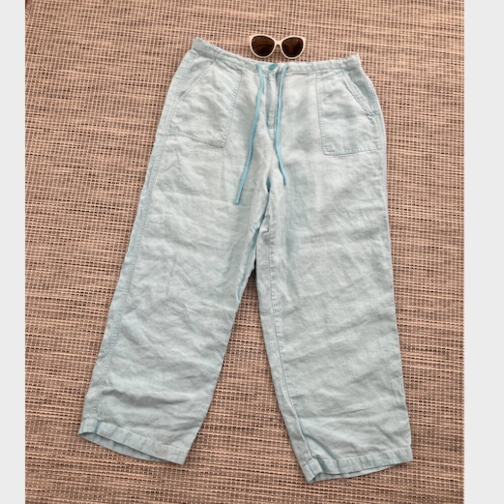 Talbots Light Aqua Blue Irish Linen Pull On Wide Leg Cropped Pant